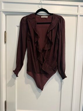 Abercrombie & Fitch Burgundy Ruffle-Trim Long-Sleeve Bodysuit